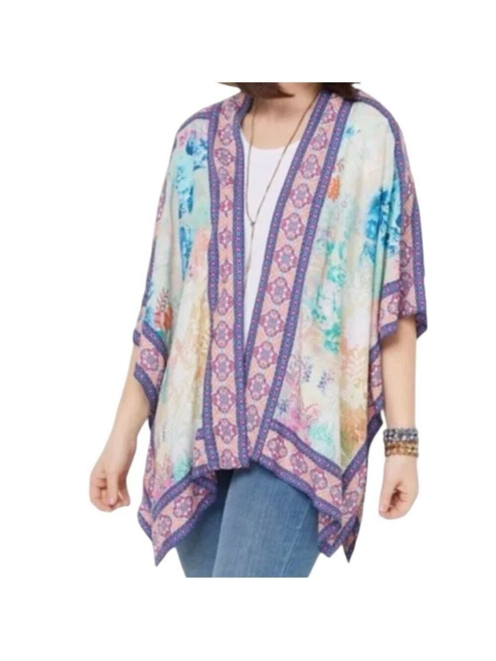 Tolani Collection Floral Open Front Kimono With Rear Ruching Size L